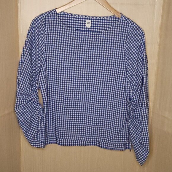 Gap Blue White Check Wide Neck Blouse Medium - Picture 1 of 5